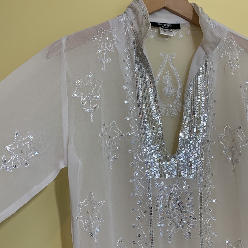 Tokyo Denem White Embroidered Sequin Sheer Long Sleeve Tunic Kimono Dress M - Picture 10 of 17